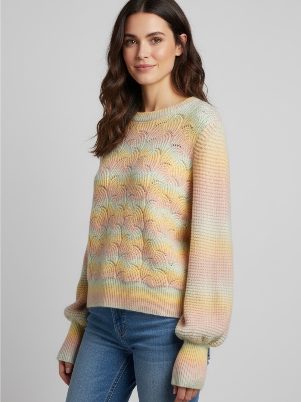 Anthropologie Pastel Rainbow Cable-Knit Crew Sweater